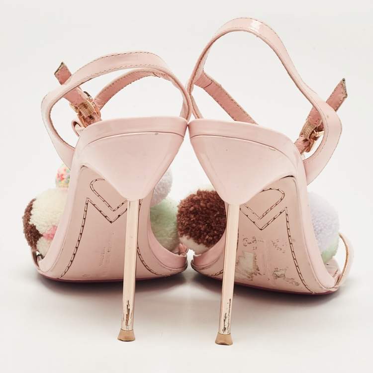 Pre Owned Sophia Webster Pink Patent Leather Layla Pom Pom Embellished T Strap Sandals Size 38