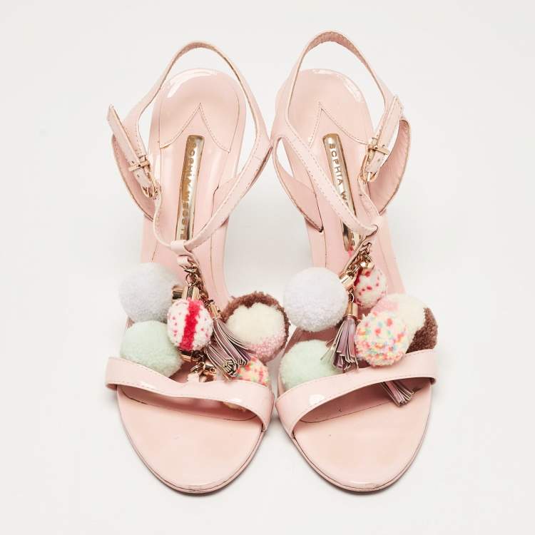 Pre Owned Sophia Webster Pink Patent Leather Layla Pom Pom Embellished T Strap Sandals Size 38