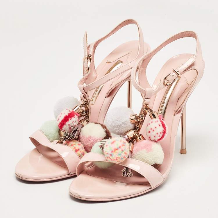 Pre Owned Sophia Webster Pink Patent Leather Layla Pom Pom Embellished T Strap Sandals Size 38