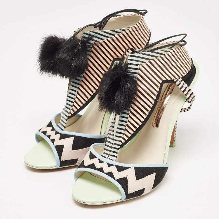 Pre Owned Sophia Webster Multicolor Patent Leather Fur Pom Pom Ankle Tie Up Sandals Size 41