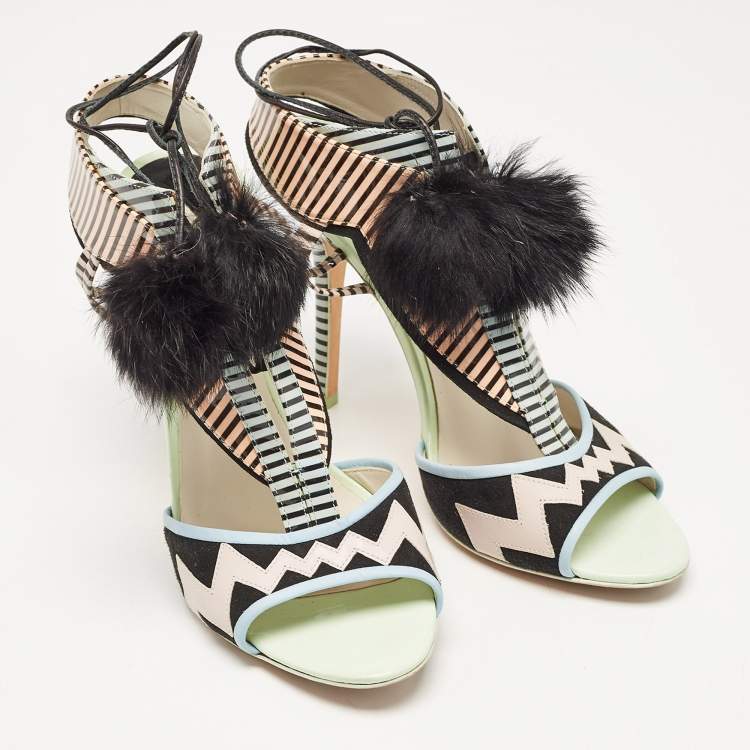 Pre Owned Sophia Webster Multicolor Patent Leather Fur Pom Pom Ankle Tie Up Sandals Size 41