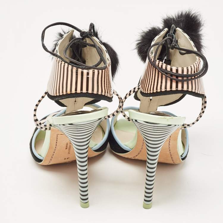 Pre Owned Sophia Webster Multicolor Patent Leather Fur Pom Pom Ankle Tie Up Sandals Size 41