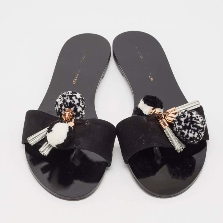 Pre Owned Sophia Webster Black Suede Jada Pom Pom Slide Flats Size 38
