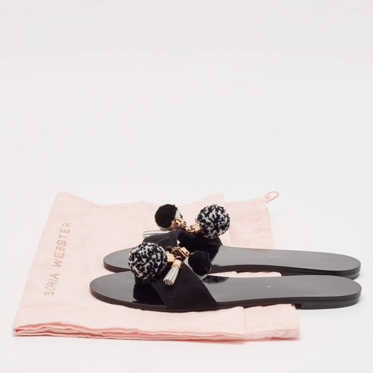 Pre Owned Sophia Webster Black Suede Jada Pom Pom Slide Flats Size 38