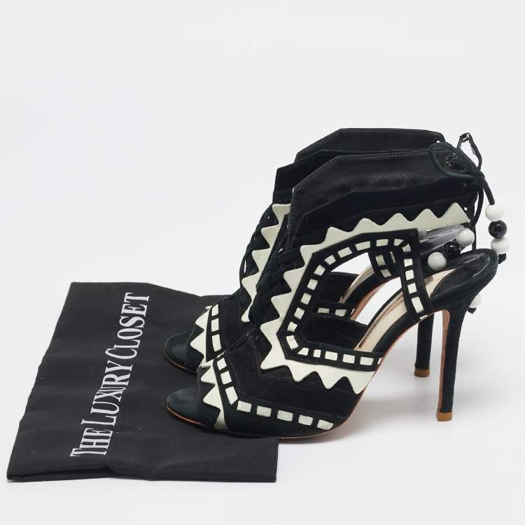 Pre Owned Sophia Webster Black/White Suede and Leather Riko Cut Out Ankle Sandals Size 38.5