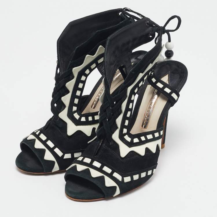 Pre Owned Sophia Webster Black/White Suede and Leather Riko Cut Out Ankle Sandals Size 38.5