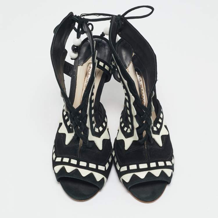 Pre Owned Sophia Webster Black/White Suede and Leather Riko Cut Out Ankle Sandals Size 38.5