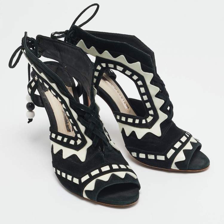 Pre Owned Sophia Webster Black/White Suede and Leather Riko Cut Out Ankle Sandals Size 38.5