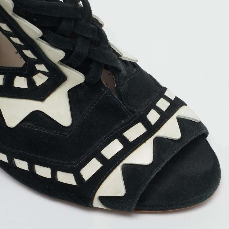 Pre Owned Sophia Webster Black/White Suede and Leather Riko Cut Out Ankle Sandals Size 38.5