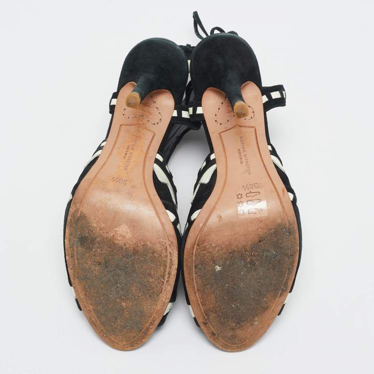 Pre Owned Sophia Webster Black/White Suede and Leather Riko Cut Out Ankle Sandals Size 38.5