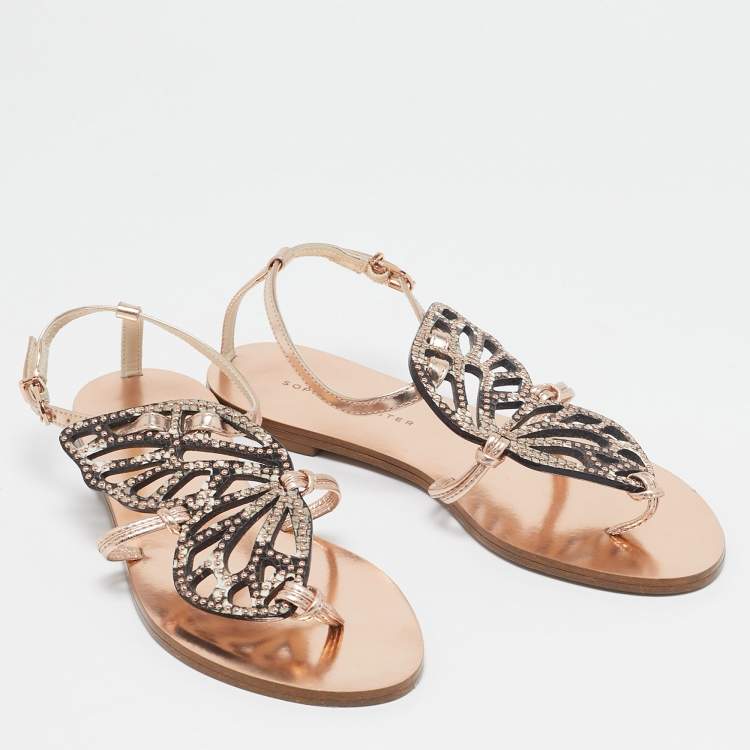 Pre Owned Sophia Webster Rose Gold/Black Leather Studded Butterfly Flat Sandals Size 36.5