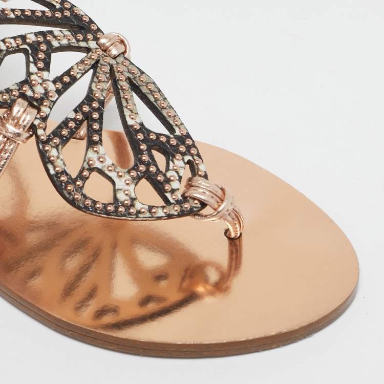 Pre Owned Sophia Webster Rose Gold/Black Leather Studded Butterfly Flat Sandals Size 36.5