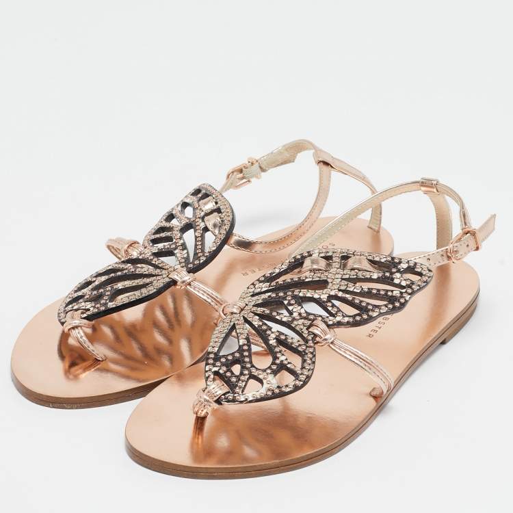 Pre Owned Sophia Webster Rose Gold/Black Leather Studded Butterfly Flat Sandals Size 36.5