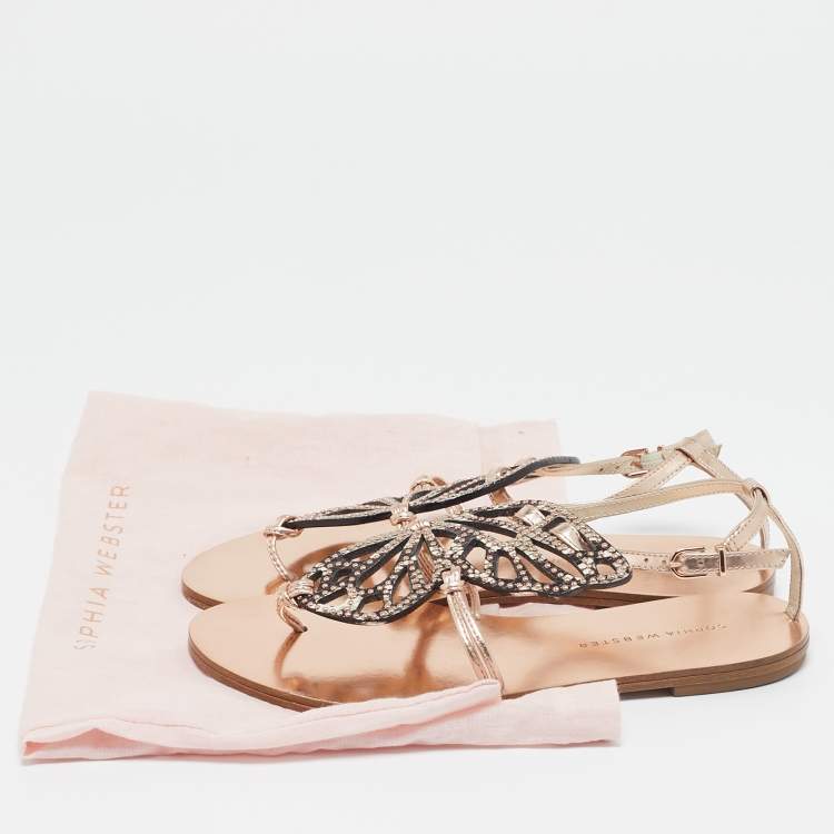 Pre Owned Sophia Webster Rose Gold/Black Leather Studded Butterfly Flat Sandals Size 36.5