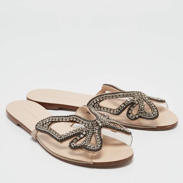 Pre Owned Sophia Webster Transparent PVC Crystal Embellished Madame Butterfly Flat Sandals Size 40