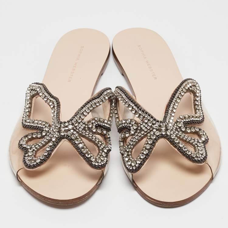 Pre Owned Sophia Webster Transparent PVC Crystal Embellished Madame Butterfly Flat Sandals Size 40