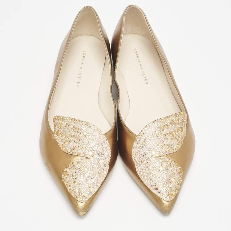 Pre Owned Sophia Webster Gold Leather Bibi Butterfly Ballet Flats Size 36