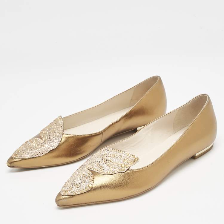 Pre Owned Sophia Webster Gold Leather Bibi Butterfly Ballet Flats Size 36