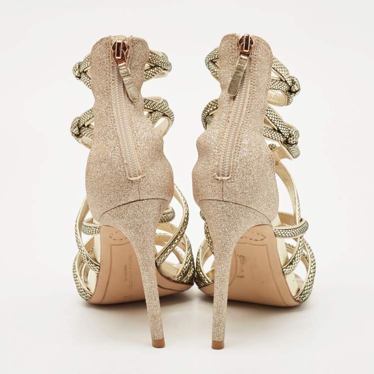 Pre Owned Sophia Webster Gold Glitter and Leather Strappy Sandals Size 38