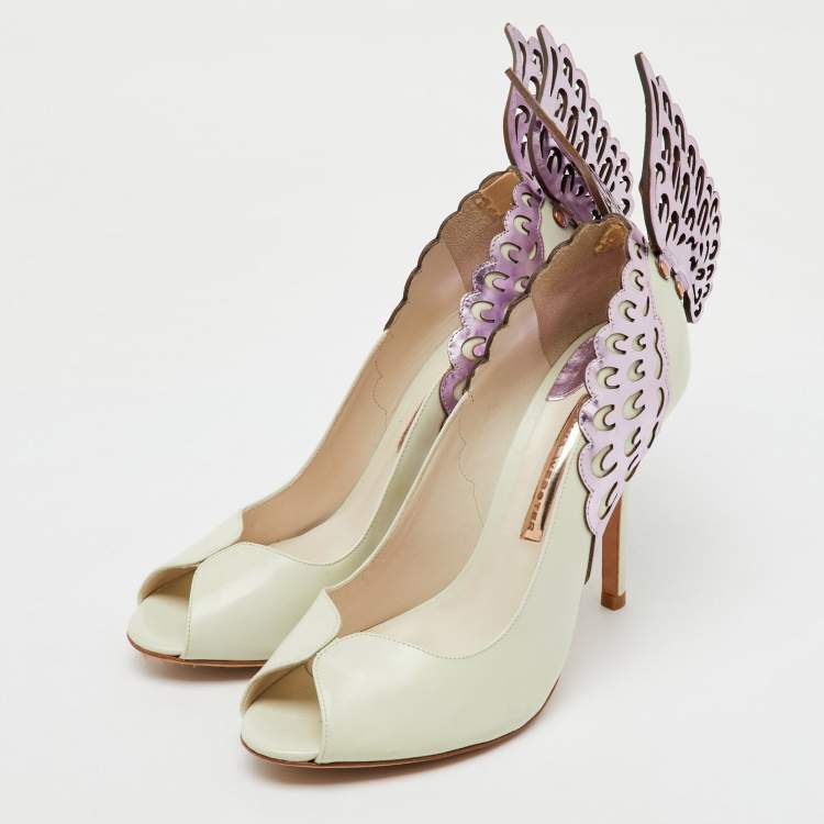 Pre Owned Sophia Webster White/Purple Leather Angelica Lunar Winged Peep Toe Pumps Size 40