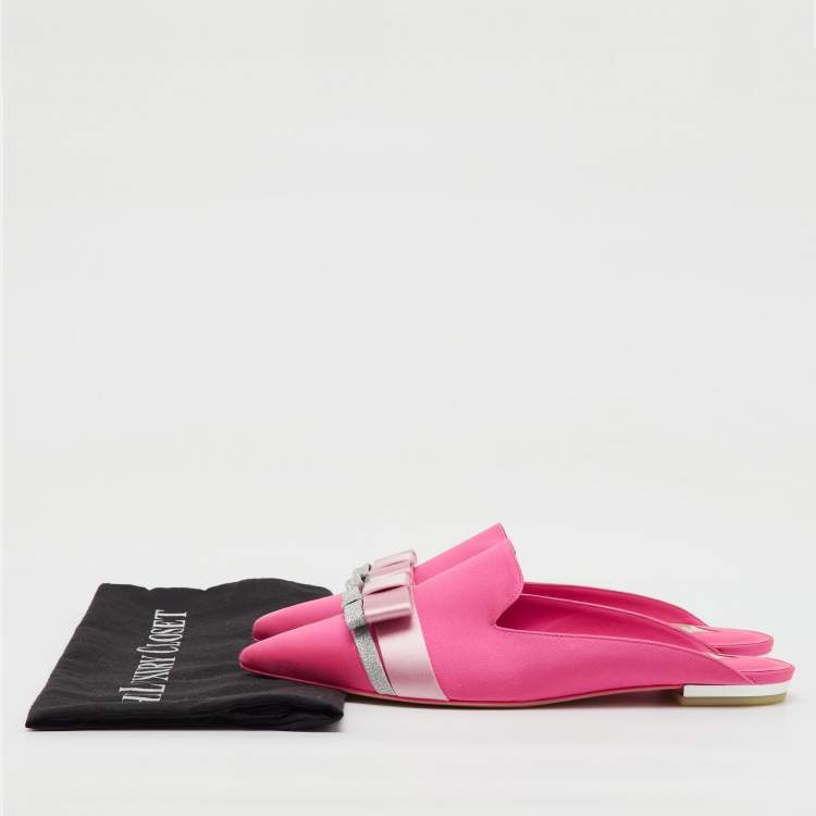 Pre Owned Sophia Webster Pink Satin Andie Bow Flat Mules Size 38