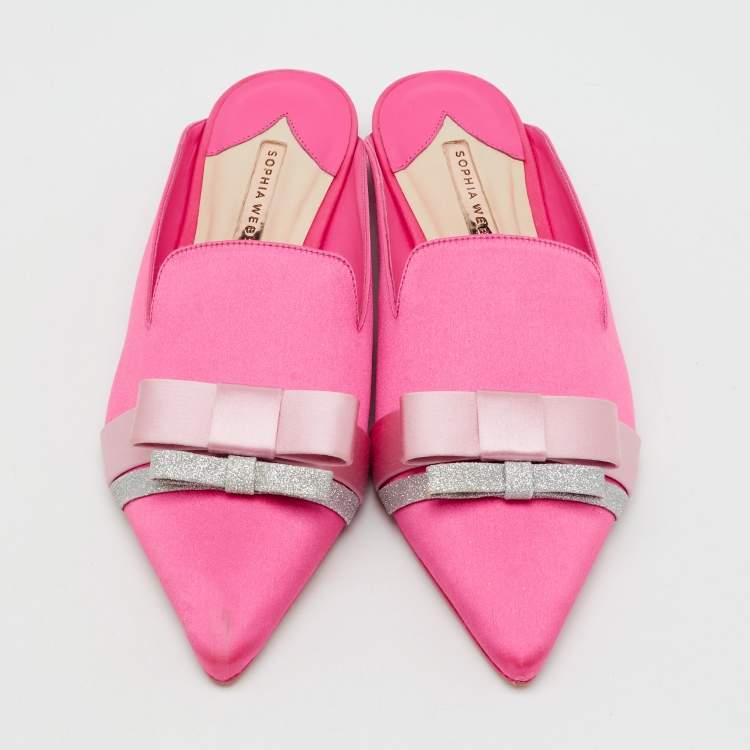 Pre Owned Sophia Webster Pink Satin Andie Bow Flat Mules Size 38