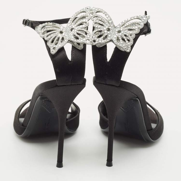 Pre Owned Sophia Webster Black Satin Crystal Embellished Ankle Strap Sandals Size 38