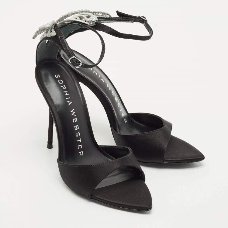 Pre Owned Sophia Webster Black Satin Crystal Embellished Ankle Strap Sandals Size 38