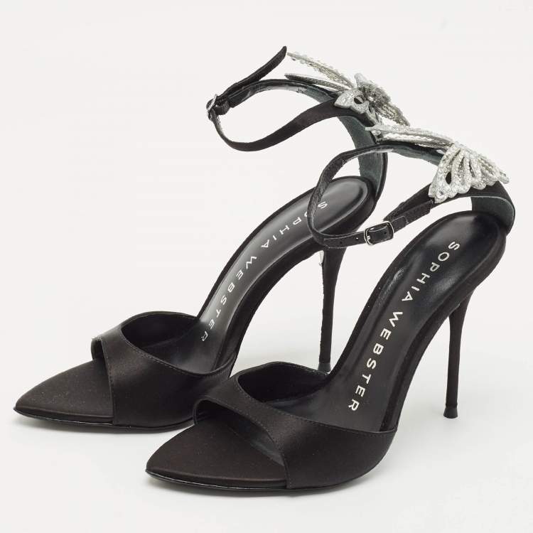Pre Owned Sophia Webster Black Satin Crystal Embellished Ankle Strap Sandals Size 38