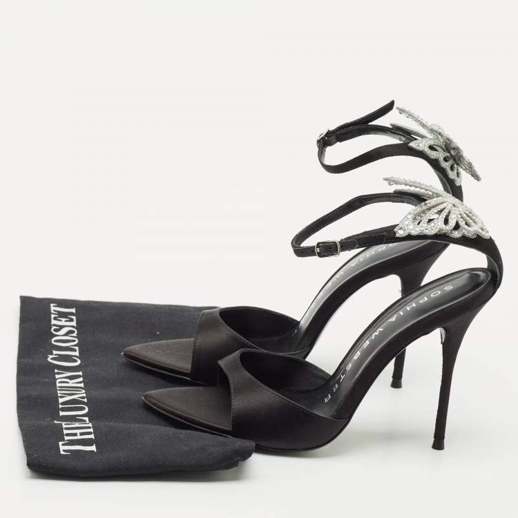 Pre Owned Sophia Webster Black Satin Crystal Embellished Ankle Strap Sandals Size 38