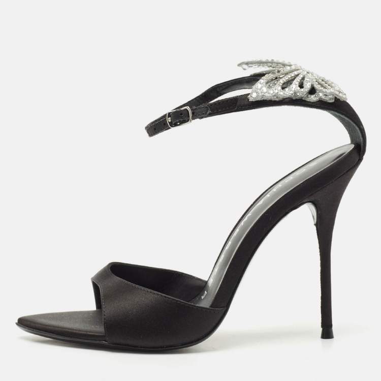 Pre Owned Sophia Webster Black Satin Crystal Embellished Ankle Strap Sandals Size 38