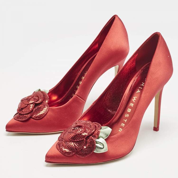 Pre Owned Sophia Webster Red Satin Rosette Pointed Toe Pumps Size 38.5