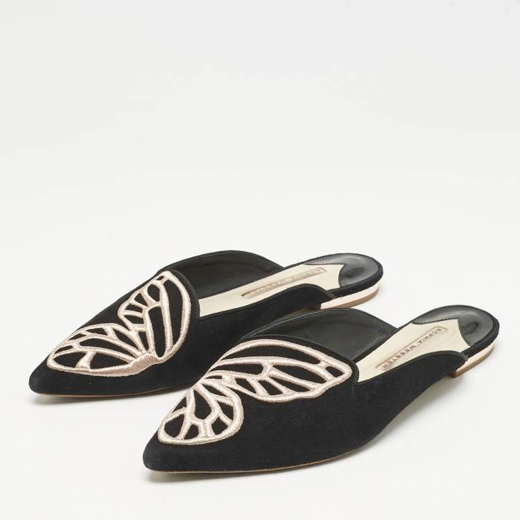 Pre Owned Sophia Webster Black Suede Bibi Butterfly Flat Mules Size 38