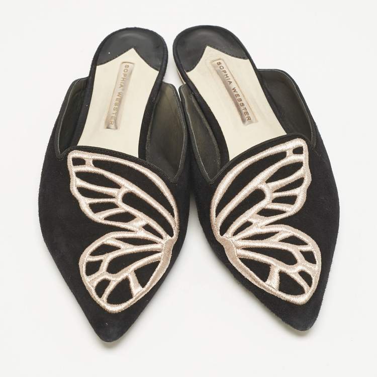 Pre Owned Sophia Webster Black Suede Bibi Butterfly Flat Mules Size 38