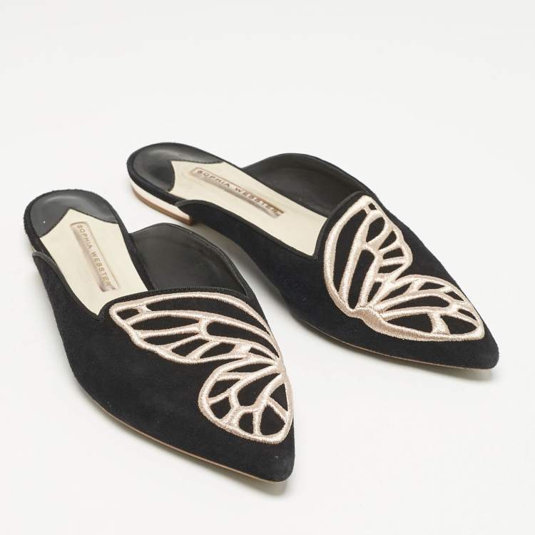 Pre Owned Sophia Webster Black Suede Bibi Butterfly Flat Mules Size 38