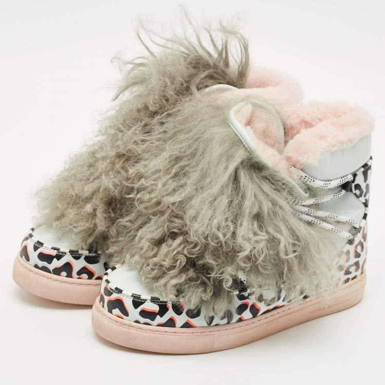 Pre Owned Sophia Webster Multicolor Fur and Leather Ankle Length Boots Size 37.5