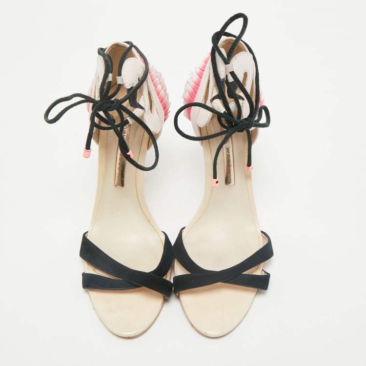 Pre Owned Sophia Webster Multicolor Leather and Suede Flamingo Frill Ankle Wrap Sandals Size 38.5