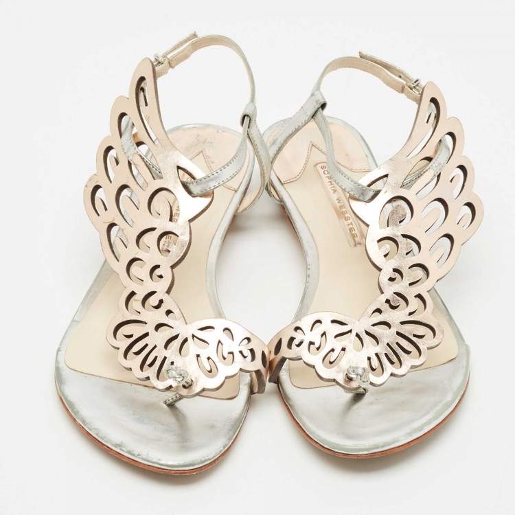 Pre Owned Sophia Webster Silver/Rose Gold Leather Seraphina Flat Sandals Size 39