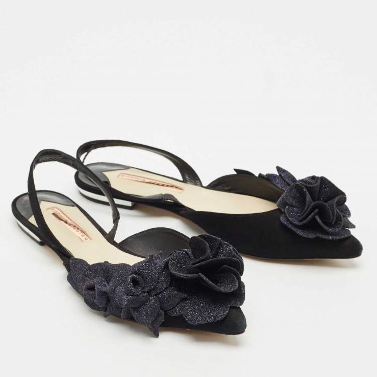 Pre Owned Sophia Webster Black Suede and Glitter Slingback Flats Size 39.5
