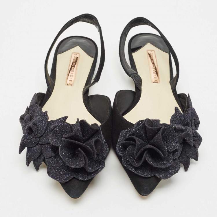 Pre Owned Sophia Webster Black Suede and Glitter Slingback Flats Size 39.5