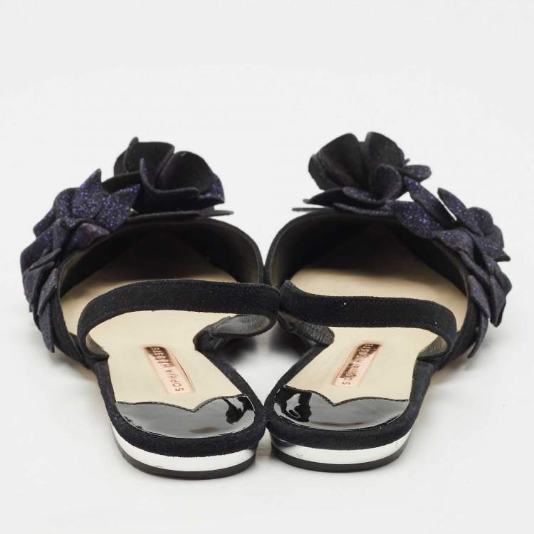Pre Owned Sophia Webster Black Suede and Glitter Slingback Flats Size 39.5