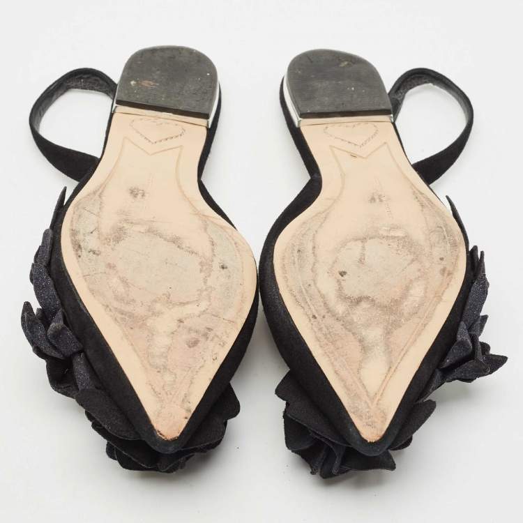 Pre Owned Sophia Webster Black Suede and Glitter Slingback Flats Size 39.5