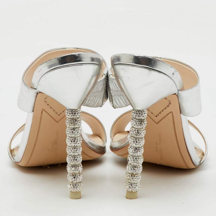 Pre Owned Sophia Webster Silver Foil Leather Crystal Embellished Heel Slide Sandals Size 40