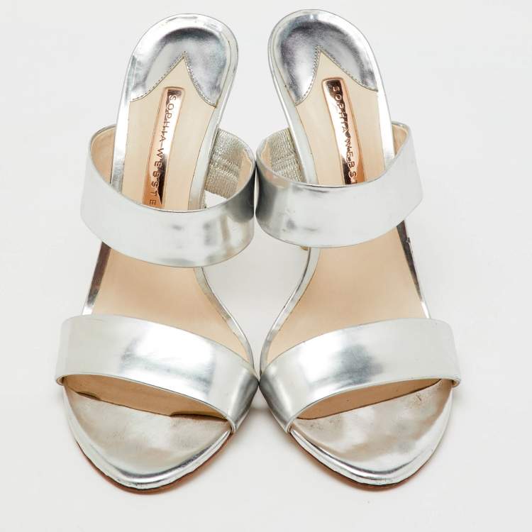 Pre Owned Sophia Webster Silver Foil Leather Crystal Embellished Heel Slide Sandals Size 40