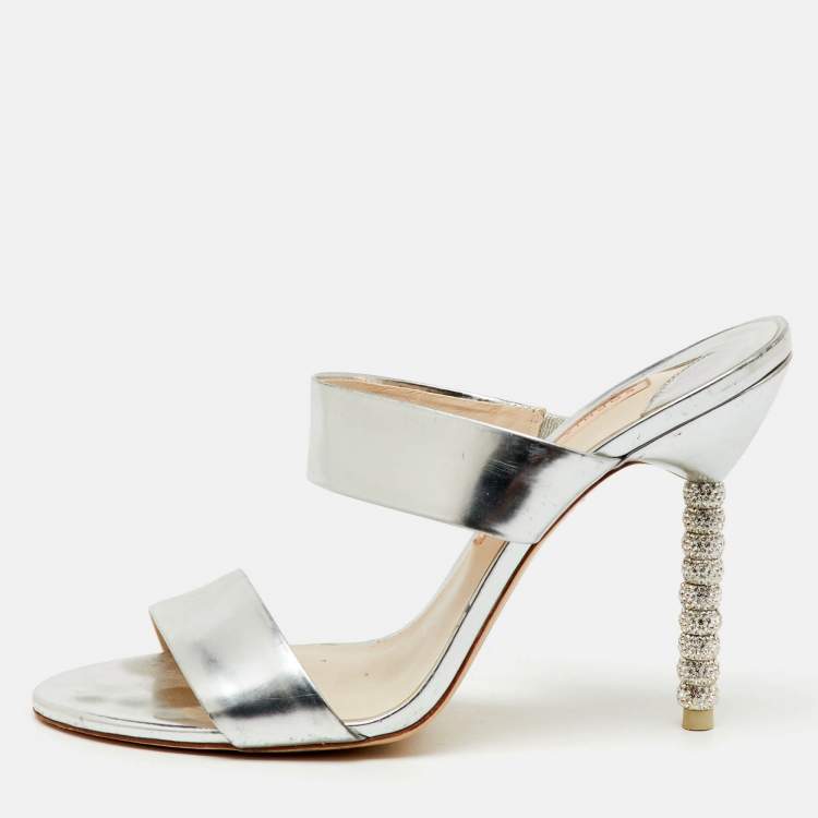 Pre Owned Sophia Webster Silver Foil Leather Crystal Embellished Heel Slide Sandals Size 40