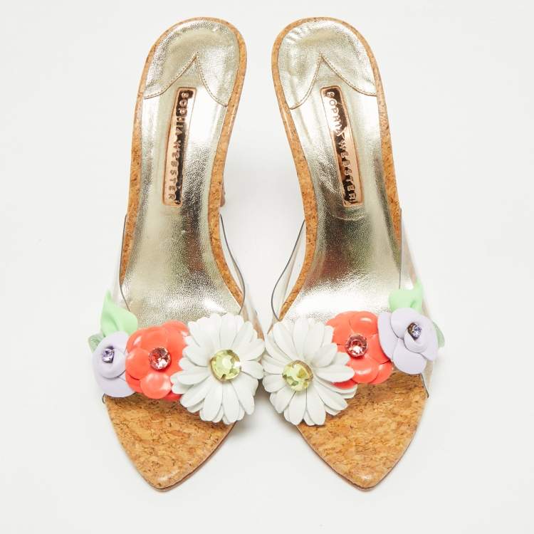 Pre Owned Sophia Webster Beige/Gold Cork and PVC Wildflower Slide Sandals Size 41
