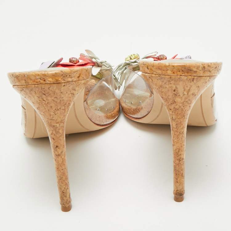 Pre Owned Sophia Webster Beige/Gold Cork and PVC Wildflower Slide Sandals Size 41