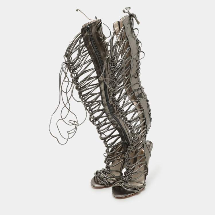 Pre Owned Sophia Webster Metallic Leather Clementine Lace-Up Knee High Gladiator Sandals Size 36