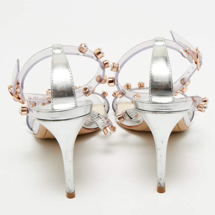 Pre Owned Sophia Webster Sliver Leather And PVC Crystal Embellished Ankle Strap Sandals Size 37