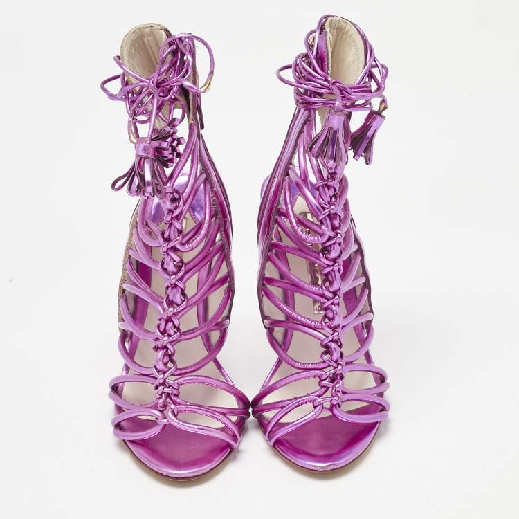 Pre Owned Sophia Webster Metallic Purple Leather Lacey Tie Up Sandals Size 35.5